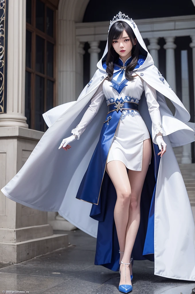 walking South korea women mystery hooded on with modern royal Blue coat with buttons and royal Blue cape and very high white heel over the knee and white gloves, As she reveals a small secret hidden blade, blood stain on her,adding to the character’s mysterious and agile appearance, with small movements of air on the cape, in summer at night under the rain, . The scene is set at night,human corpse, Pool of blood, splash of blood, there was someone behind him wearing the same clothes in an alley in the garden. , intricate detail, ultra detail, incredible detail, intricate detail, extremely detailed and intricate, super max, masterpiece, best quality, HDR, UHD, unreal engine. , beautiful face, Rich in details High quality, gorgeous, captivating, 8k, super detailed, stunning shadows, detailed lines