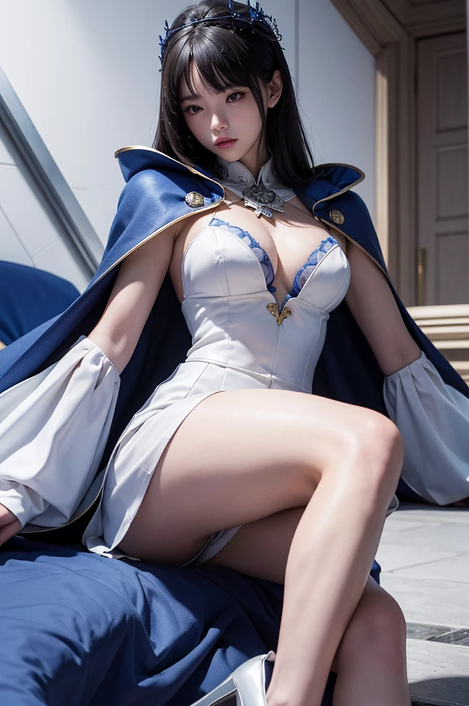 South korea women mystery hooded on with modern royal Blue coat with buttons and royal Blue cape and very high white heel over the knee and white gloves, As she reveals a small secret hidden blade, adding to the character’s mysterious and agile appearance, with small movements of air on the cape, in summer at night under the rain, with buildings featuring curved eaves and detailed architecture. The scene is set at night, she slit a person's throat , intricate detail, ultra detail, incredible detail, intricate detail, extremely detailed and intricate, super max, masterpiece, best quality, HDR, UHD, unreal engine. , beautiful face, Rich in details High quality, gorgeous, captivating, 8k, super detailed, stunning shadows, detailed lines