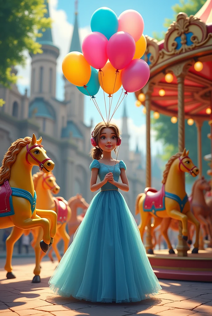 A colorful carousel with horses and a medieval background with a princess dressed in blue with birthday balloons in her hand., yellow, Unripe , red and with a sound headset in the ears