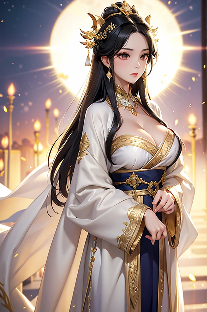 Black Hair, Immortal, Beauty, Royal sister, Stepmother,  White and gold robe robe, Golden Phoenix Coronet, Hair Bunch, Beautiful Breasts , Mature Woman，Sunshine