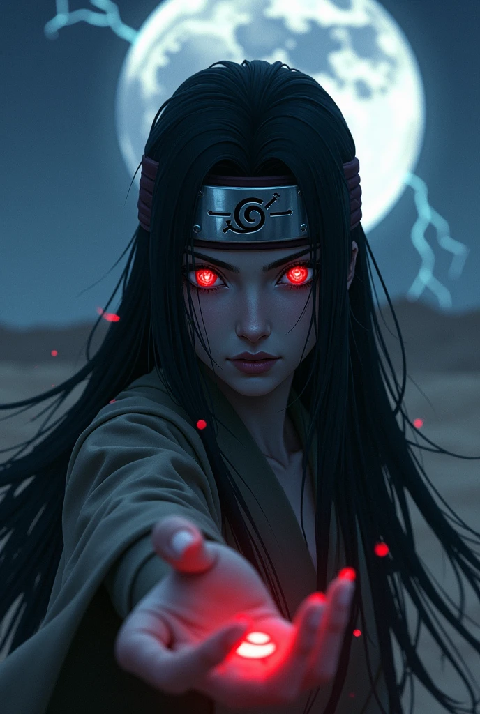 Naruto style, black hair, red eyes, long hair, female, looking at viewer, pensive, moonlight, desert, lightning strike, outstretched hand, sharingan eyes, village hidden in the sand headband