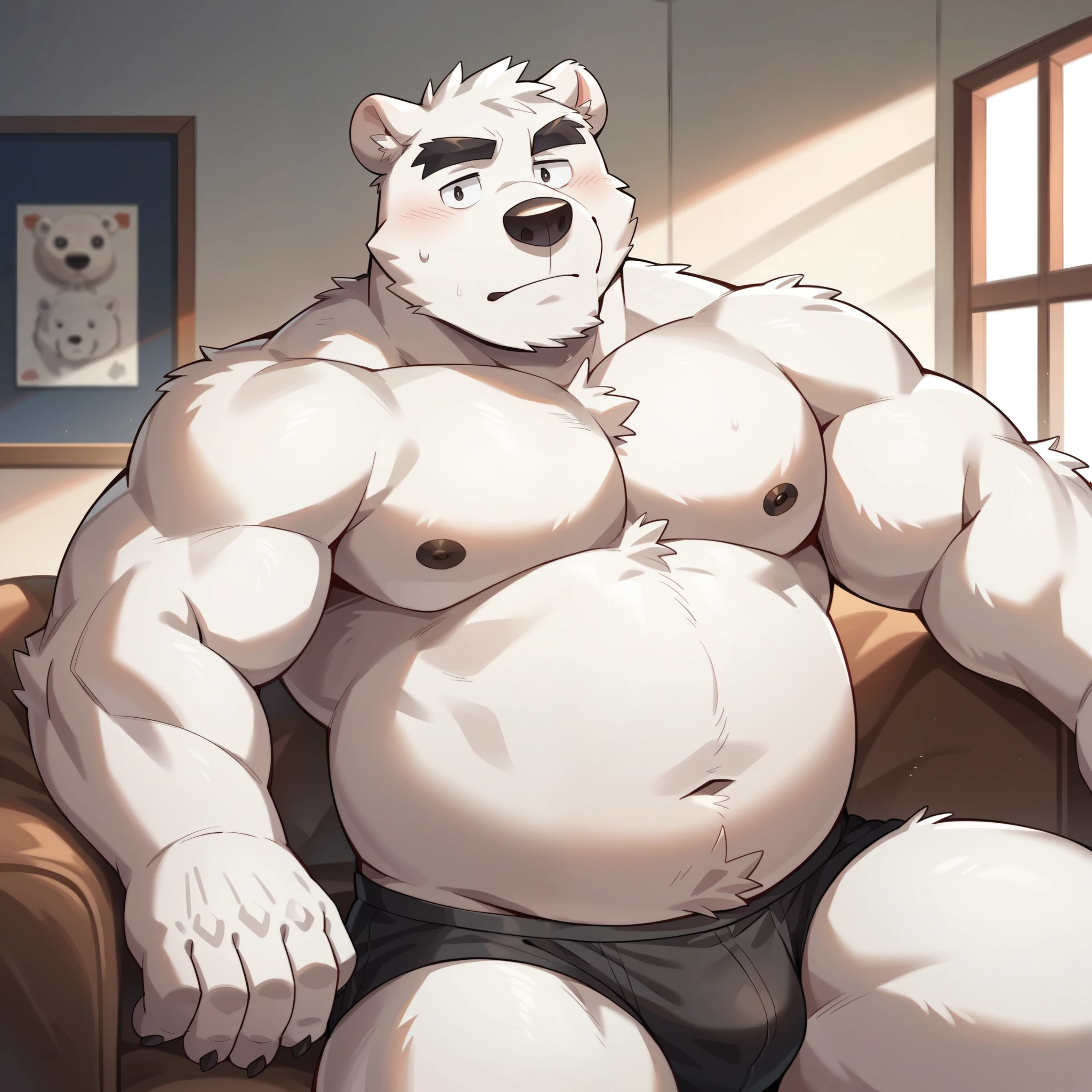 Scribble polar bear face,Humanity(polar bear),(Topless:1.3),Chubby,(Black eyebrows:1.1),(Perfect eyes),White fur，（artist:Takemoto Arashi），Living room background，（black fun underwear:1.3），paw，（black beard:1.3）