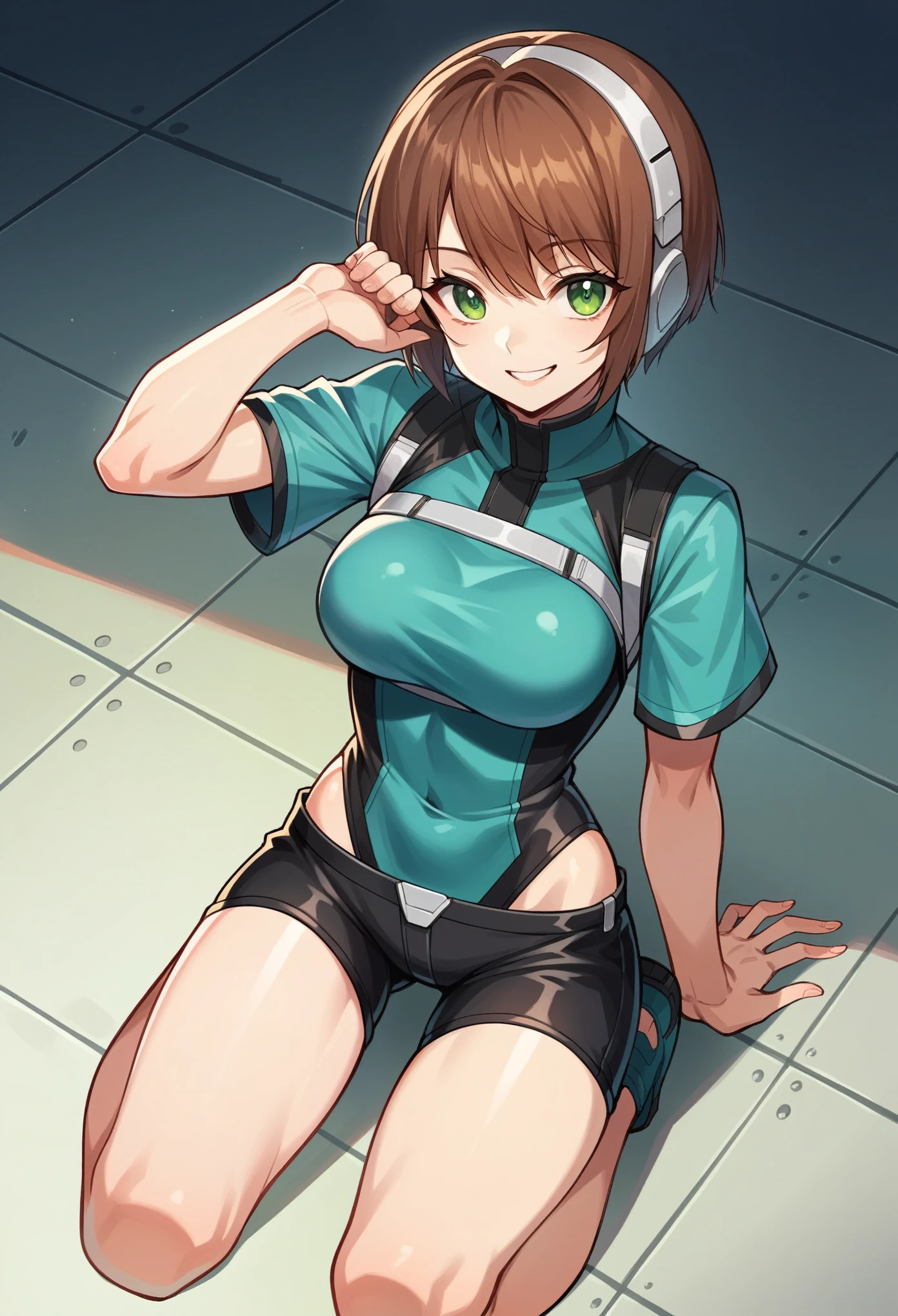 aile_megamanzx, kneeling with one hand on the ground and the other arm raised, 1girl, solo, short hair, brown hair, short sleeves, (bodysuit), robot ears, green eyes, (very_short_shorts:1.3), short_sleeves_short_length_blue_jacket, short over long sleeves, smile, in futuristic city, , high quality, medium_breasts,crotch, slouch,groin,dynamic_angle,