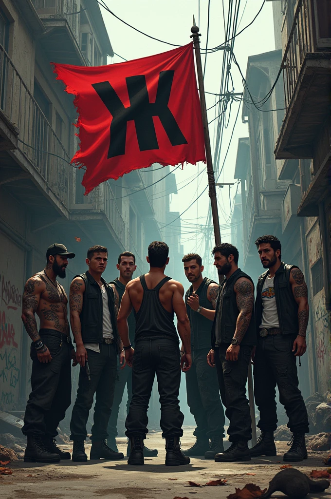 A gang with a flag that says NHK on it