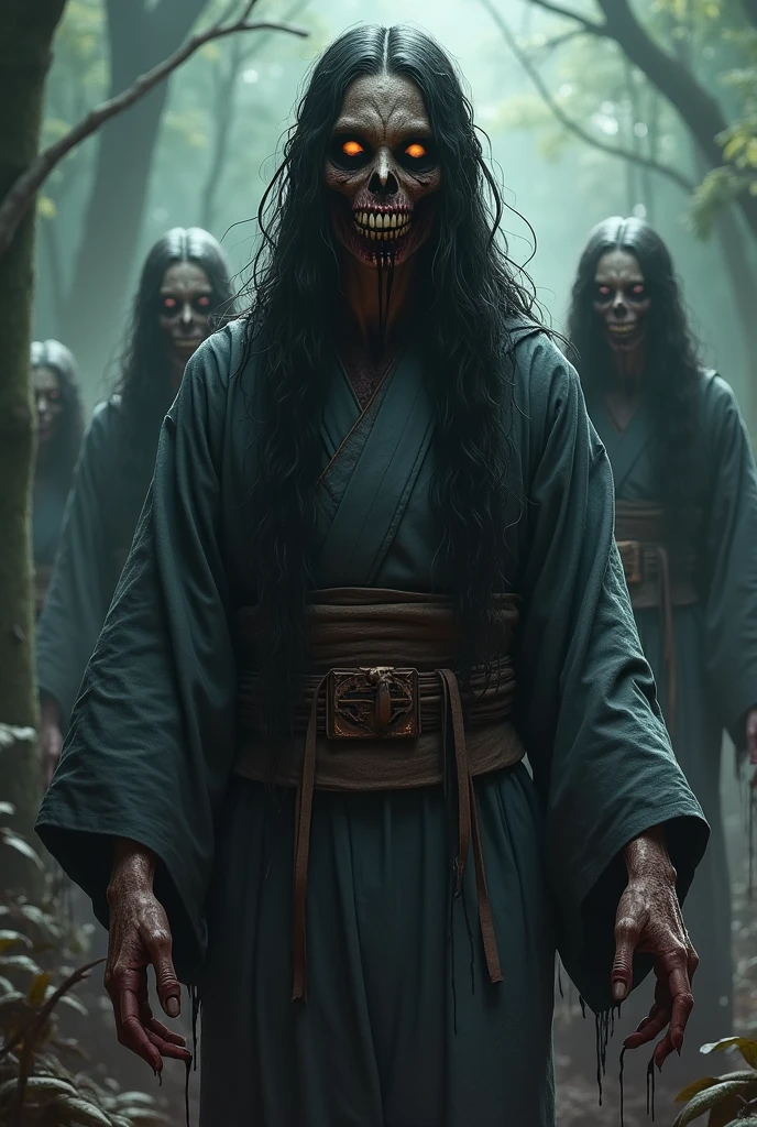 **Prompt:** "An ultra-realistic depiction of Shichinin Misaki, reimagined with an extremely terrifying appearance. The seven ghostly spirits are now twisted and malevolent figures, each dressed in traditional kimonos that are torn and soaked in blood. Their faces are gaunt and skeletal, with hollow, glowing eyes that pierce through the darkness. Their skin is decayed and peeling, revealing sinew and bone beneath. Their mouths are twisted into unnatural, wide grins filled with sharp, jagged teeth, oozing dark fluid. Their long, disheveled hair hangs like a veil, dripping with a black, tar-like substance. The spirits emit a dark, foreboding aura, their bodies more shadow than flesh, trailing wisps of smoke as they hover just above the ground. The forest background is even darker and more oppressive, with twisted trees and an overwhelming sense of doom, as if the very environment is being consumed by their presence."