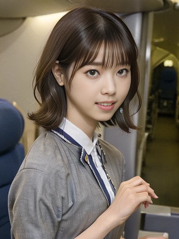 (Masterpiece, Best quality:1.2), (Ultra realistic, Photo-realistic:1.2), (From above, looking up:1.2), kneeling, Natural light, 25 years old actress, Japanese women, Neat and clean, (cabincrew uniform:1.2), unbutton, (Short wavy hair:1.2), Light brown hair color, (Beautiful Face), Oval face, clear, (Beautiful eyes, Kind eyes), (Clear skin), Small face, (Small mouth, Beautiful mouth), Natural makeup, Approachable, Luxury hotel Suite room, On bed, Seductive smile, (Seductive pose:1.2), Beautiful thighs, Bedroom eyes,