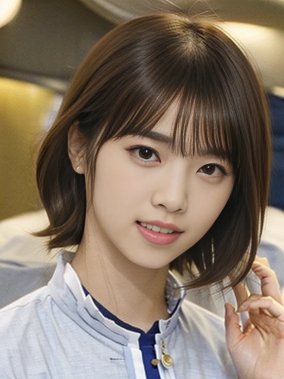(Masterpiece, Best quality:1.2), (Ultra realistic, Photo-realistic:1.2), (From above, looking up:1.2), kneeling, Natural light, 25 years old actress, Japanese women, Neat and clean, (cabincrew uniform:1.2), unbutton, (Short wavy hair:1.2), Light brown hair color, (Beautiful Face), Oval face, clear, (Beautiful eyes, Kind eyes), (Clear skin), Small face, (Small mouth, Beautiful mouth), Natural makeup, Approachable, Luxury hotel Suite room, On bed, Seductive smile, (Seductive pose:1.2), Beautiful thighs, Bedroom eyes,