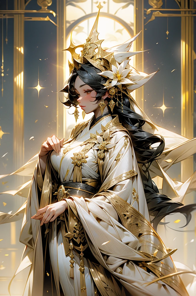 Black Hair, Immortal, Beauty, Royal sister, Stepmother, White and gold robe robe, Golden Phoenix Coronet, Hair Bunch, Beautiful Breasts , Mature Woman，Sunshine