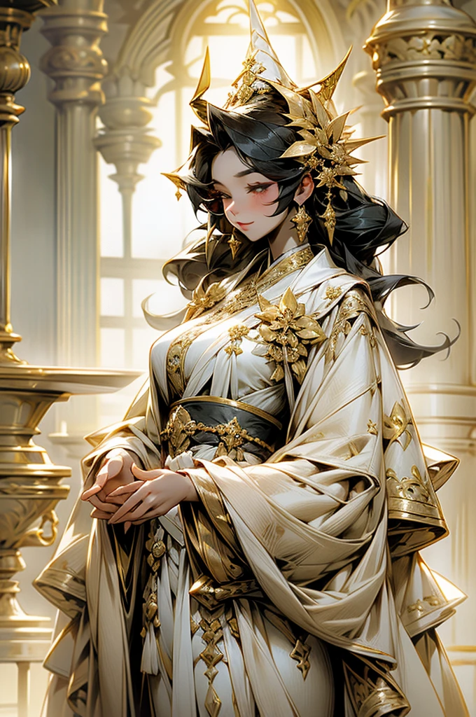 Black Hair, Immortal, Beauty, Royal sister, Stepmother, White and gold robe robe, Golden Phoenix Coronet, Hair Bunch, Beautiful Breasts , Mature Woman，Sunshine