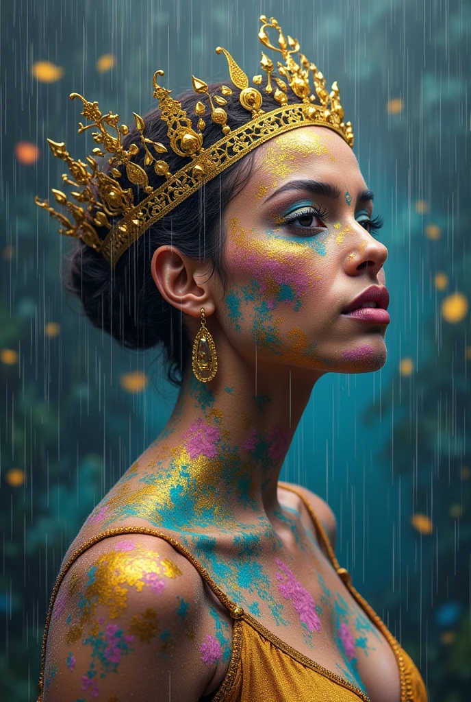I am the rain that sees the most beautiful woman and touches her all over her body of different races giving her hope and faith and using only pastel colors  , The message I want to give is that there is hope, we just have to look for it.,  very royal style, detailed 24k unique piece uses the triangles of composition details of his whole body details in his hands illumination of hope and nostalgia climate of colors of humility