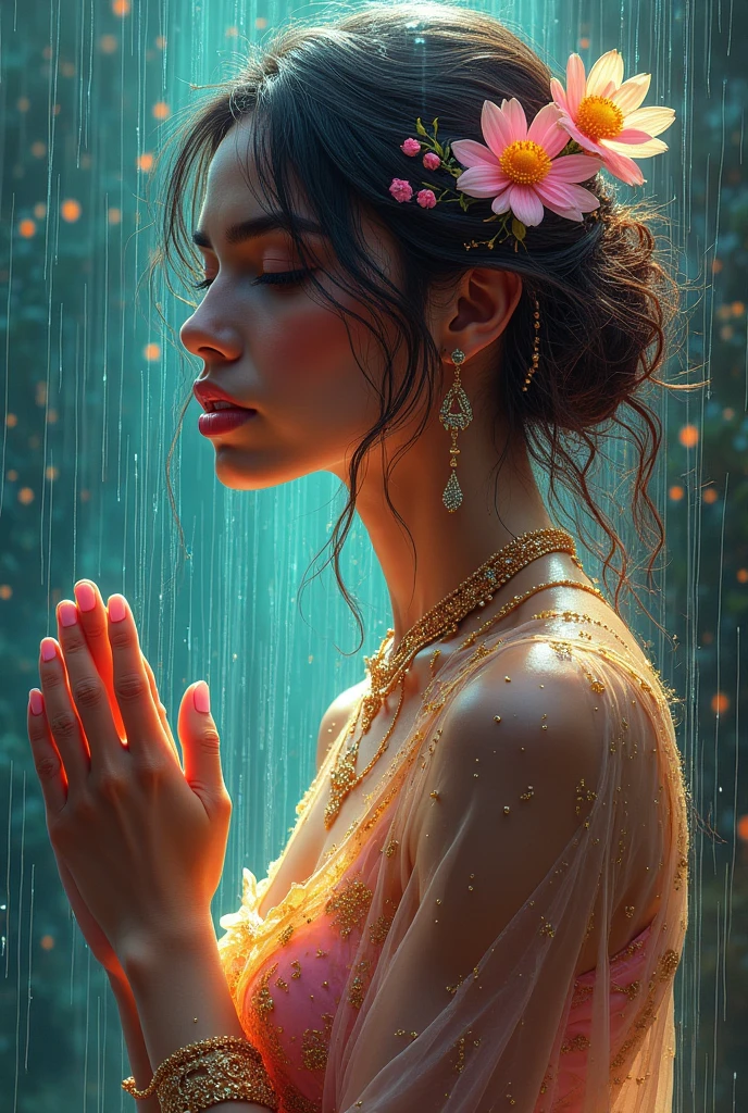 painting of a woman sitting in the rain in a blue sari, beautiful depiction, by Max Dauthendey, beautiful digital artwork, rob rey, beautiful goddess, realistic oil painting, a stunning portrait of a goddess, stunning digital painting, beautiful digital painting, serene expression, oil painting of realistic woman, gorgeous digital painting, mystical purity, dramatic artwork, beautiful artwork