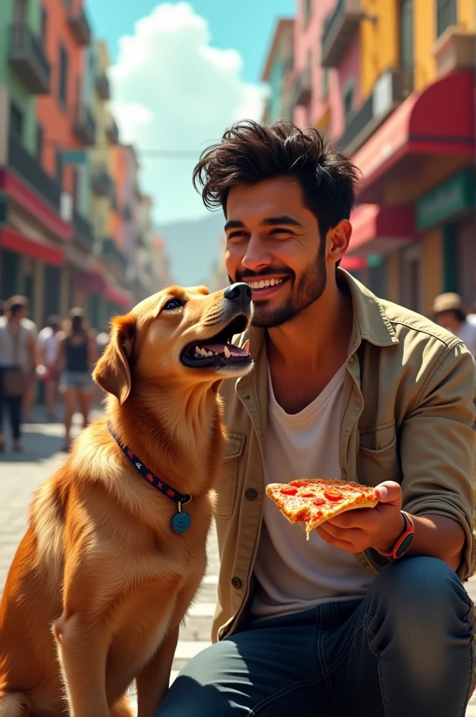 A young Latino man with a dog on the side eating pizza in Mexico City, very realistic