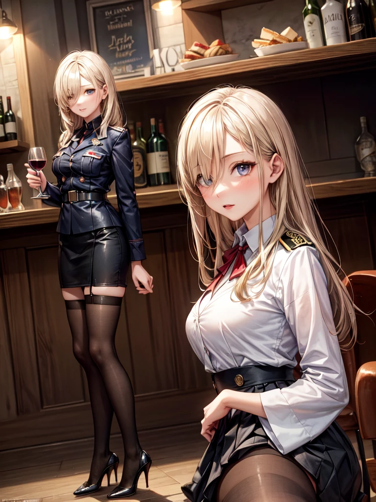 (masterpiece:1.3),(best quality, highest quality),((Full Body Shot,Including face)), ((1girl)), 4K, masterpiece, ((Focus on the face)),((Symmetrical facial features)), Beautiful woman, (slender), ((Patterned stockings with straps)), Detailed depiction of the face, bar counter, slenderな女性, National flag, 20-year-old,Beautiful Face, (Upper Body),Hair on one eye, Medium Sidecut, Blonde, Sharp focus, Enamel military uniform, Tight Skirt, (High heels:1.5),Cocktail,wine