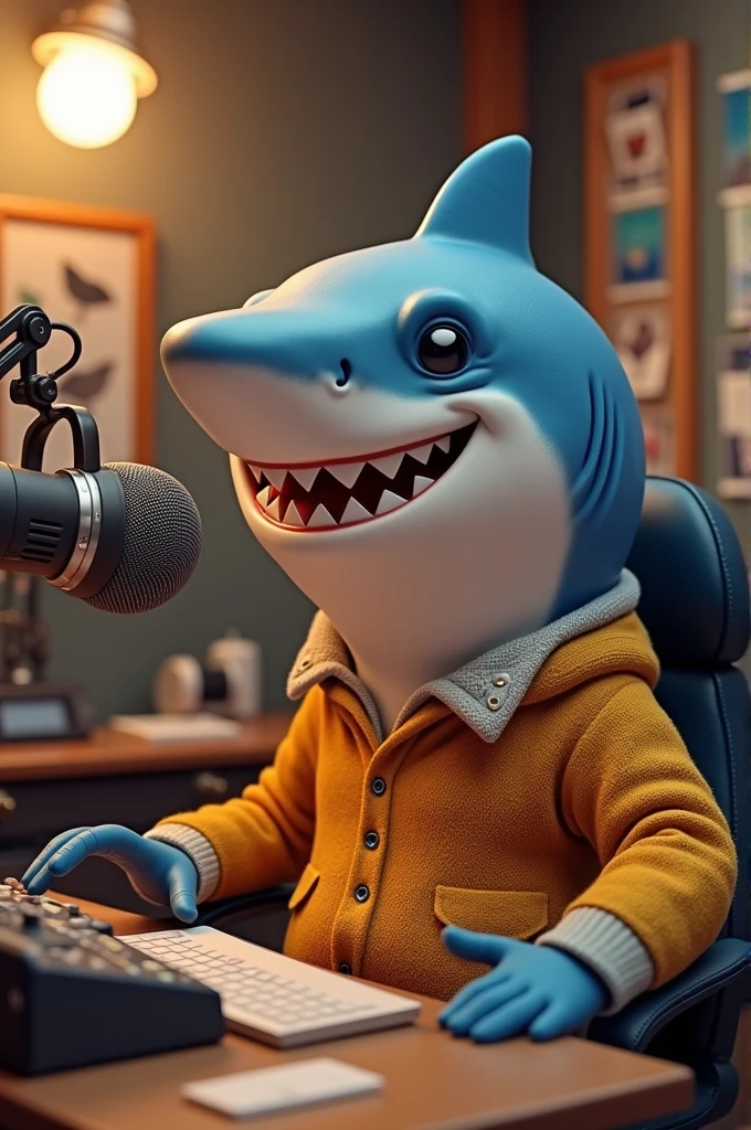 A good-natured shark in a radio booth 