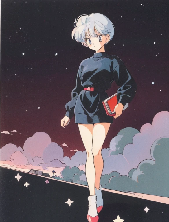 ((a cute girl)),gray hair,medium　short hair,black sweater,full body,flat fill,analogue,1990s,comic,simpleなラインアート,retro anime,many colorful stars,night,takahashi rumiko,simple、Very cute design、Wordless picture book cover、