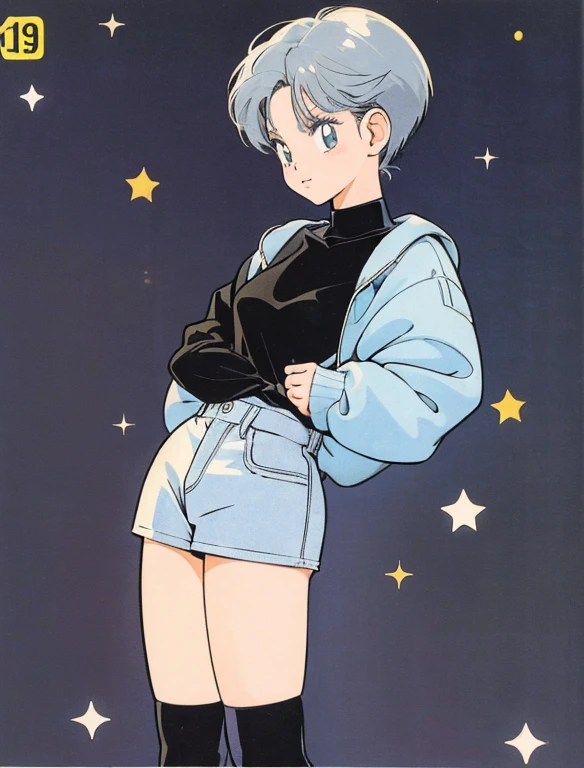 ((a cute girl)),gray hair,medium　short hair,black sweater,full body,flat fill,analogue,1990s,comic,simpleなラインアート,retro anime,many colorful stars,night,takahashi rumiko,simple、Very cute design、Wordless picture book cover、