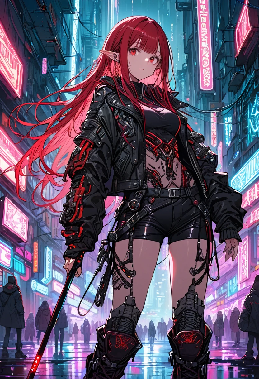 Cute Girl, elf, cowboy shot Wizard, pointed ears, masterpiece,(bestquality),highlydetailed,ultra-detailed, 1 girl,(black and red tones),(mechanical),(cool),(biodesign),( biomechanics),long hair,(wires and tubes),(futuristic outfit),(leather jacket),(combat boots),(in a cyberpunk city with neon lights),(holding a magic staff)