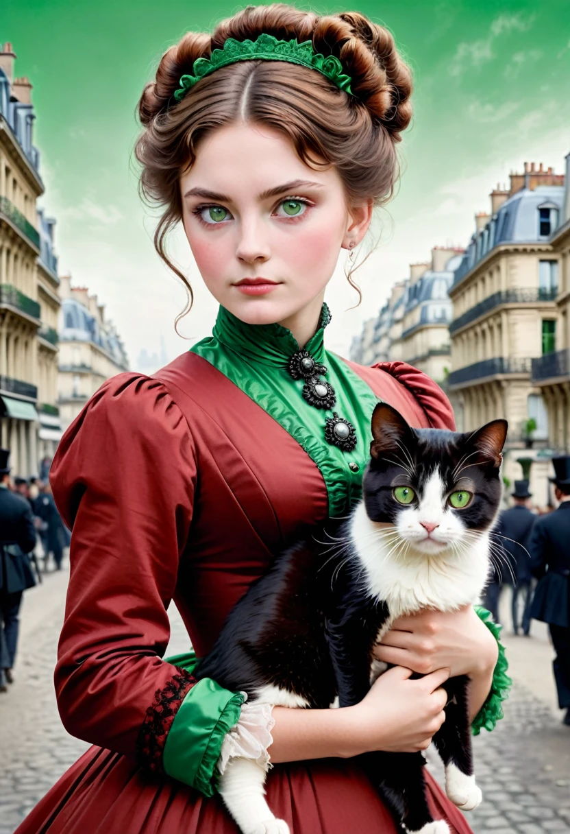A 20-year-old woman with a hard and cold character, Brown hair updo and locks of hair, red victorian era dress,green eyes, carrying a cat: black with white, in the background the city of Paris, 1880