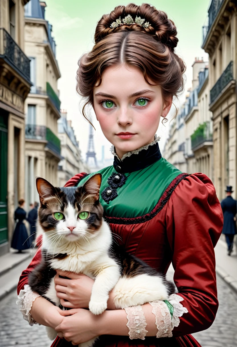 A 20-year-old woman with a hard and cold character, Brown hair updo and locks of hair, red victorian era dress,green eyes, carrying a cat: black with white, in the background the city of Paris, 1880