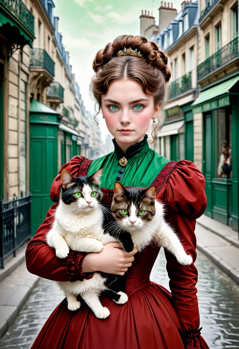 A 20-year-old woman with a hard and cold character, Brown hair updo and locks of hair, red victorian era dress,green eyes, carrying a cat: black with white, in the background the city of Paris, 1880