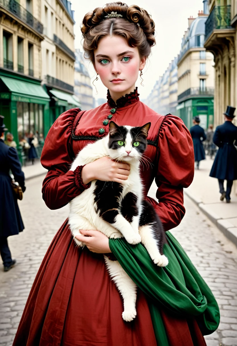 A 20-year-old woman with a hard and cold character, Brown hair updo and locks of hair, red victorian era dress,green eyes, carrying a cat: black with white, in the background the city of Paris, 1880