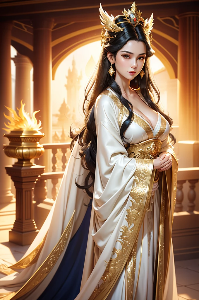 Black Hair, Immortal, Beauty, Royal sister, Stepmother, White and gold robe robe, Golden Phoenix Coronet, Hair Bunch, Beautiful Breasts , Mature Woman，Sunshine