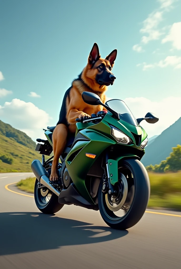 German Shepherd riding a Kawasaki Ninja 250