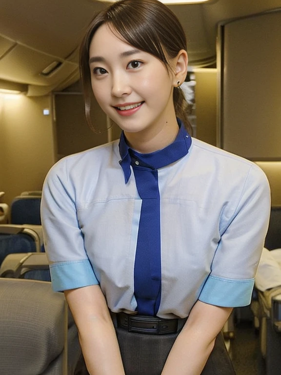 (Masterpiece, Best quality:1.2), (Ultra realistic, Photo-realistic:1.2), Full body, (From Below, looking down:1.2), (kneeling:1.1), Natural light, 25 years old actress, Japanese women, Neat and clean, cabincrew, (cabincrew uniform:1.2), (unbutton:1.3), (ponytail:1.2), Light brown hair color, (Beautiful Face), Oval face, clear, (Beautiful eyes, Kind eyes), (Clear skin), Small face, (Small mouth, Beautiful mouth), Natural makeup, Approachable, Luxury hotel Suite room, On bed, nsfw, Seductive smile, (Seductive pose:1.2), (Beautiful thighs:1.2), Bedroom eyes,