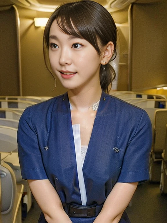 (Masterpiece, Best quality:1.2), (Ultra realistic, Photo-realistic:1.2), Full body, (From Below, looking down:1.2), (kneeling:1.1), Natural light, 25 years old actress, Japanese women, Neat and clean, cabincrew, (cabincrew uniform:1.2), (unbutton:1.3), (ponytail:1.2), Light brown hair color, (Beautiful Face), Oval face, clear, (Beautiful eyes, Kind eyes), (Clear skin), Small face, (Small mouth, Beautiful mouth), Natural makeup, Approachable, Luxury hotel Suite room, On bed, nsfw, Seductive smile, (Seductive pose:1.2), (Beautiful thighs:1.2), Bedroom eyes,