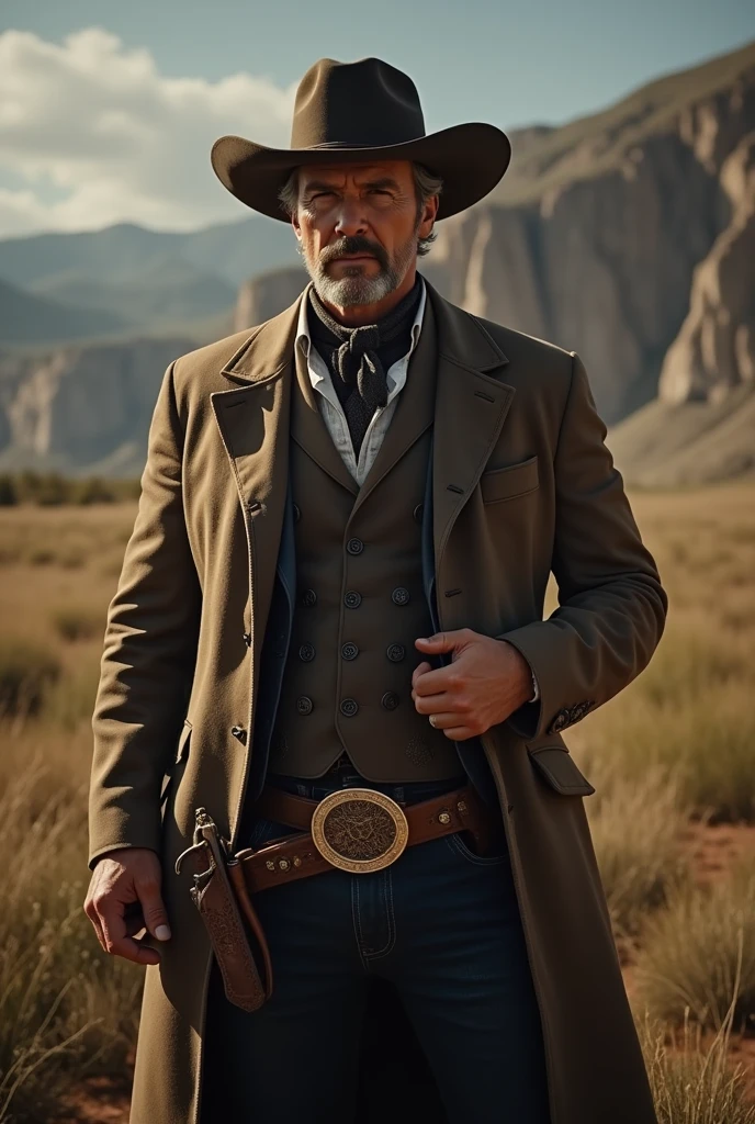 (extremely detailed cowboy man, masterpiece, best quality, 30 years, ultra-detailed), (better lighting, better shadow, an extremely delicate and beautiful), ((1man,1woman)),(old west city setting, depth of field, saloon,),(20mm camera)