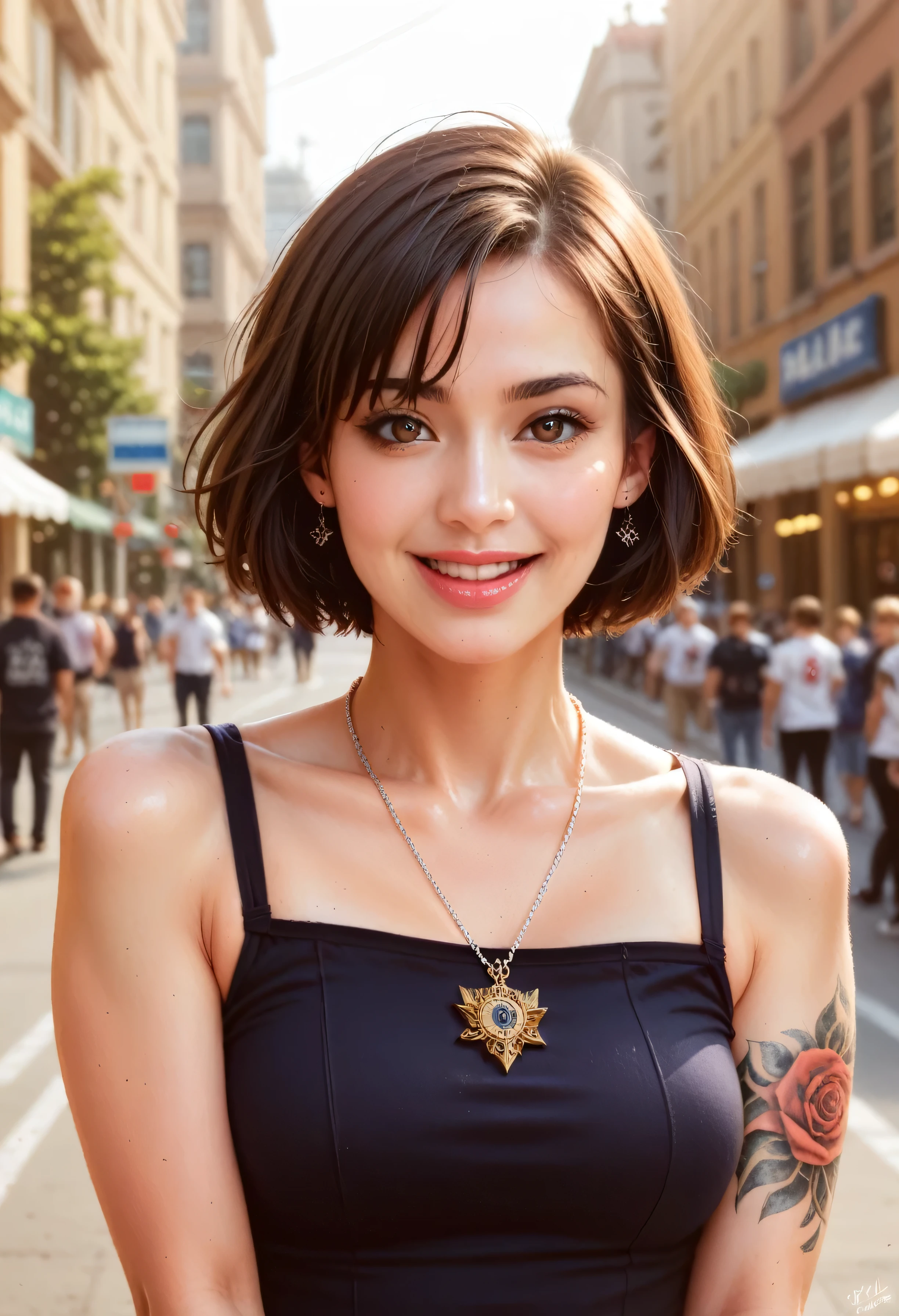 Masterpiece, best quality, high quality, highly detailed CG 8k uniform background, 1 girl(Ukraine), solo, black hair, tattoo, short hair, jewelry, smile, necklace, looking at audience, realistic, open mouth, teeth, upper body, v-neck shirt, nose, bare shoulders, collarbone, arm tattoo, brown eyes, lips, blur, real face, award winning photography, bokeh effect, depth of field, HDR, bloom, chromatic aberration, realism, highly detailed, artstation Complex, High detail, dramatic, art by midjourney
