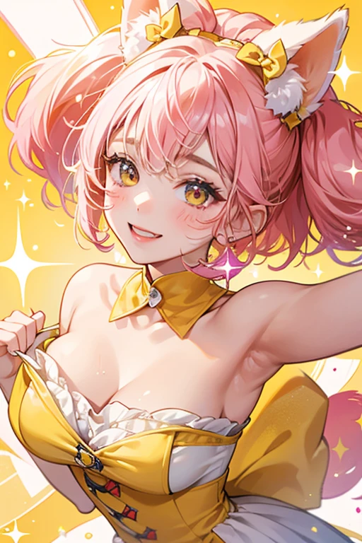 she is a yellow-and-white swirled girl dog with pink ears and paws, and red cheeks. SPARKLE; GLITTER