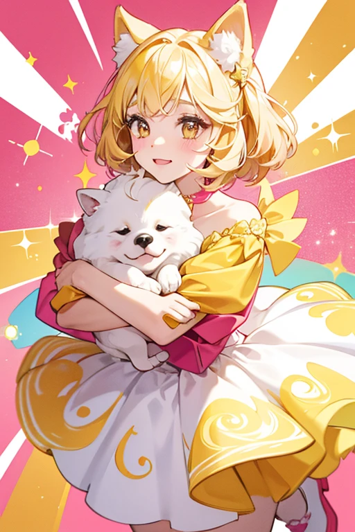 she is a yellow-and-white swirled girl dog with pink ears and paws, and red cheeks. SPARKLE; GLITTER