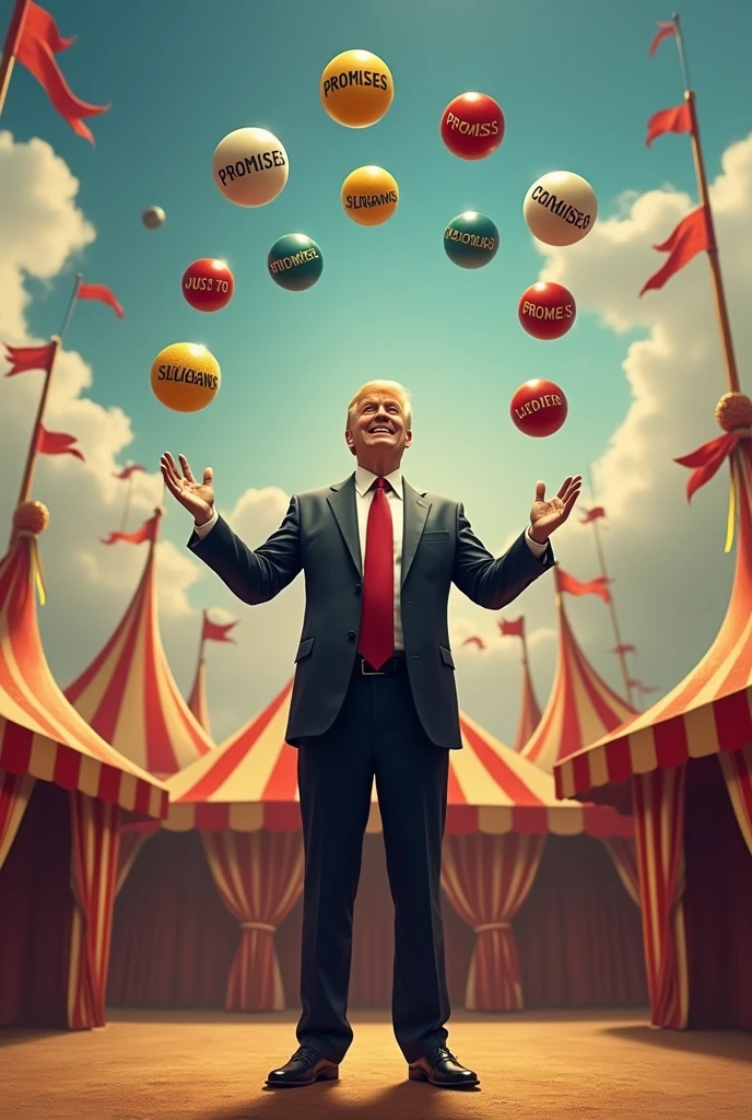 Meme: Image of a politician juggling balls that say "promises" and "Slogan", with the text: "The electoral circus is underway!"