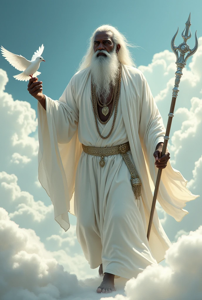 Orisha Black Man, elder, white bearded, Walking on clouds, White tunic, white necklaces, holding a white dove in his hand, silver staff, floor
