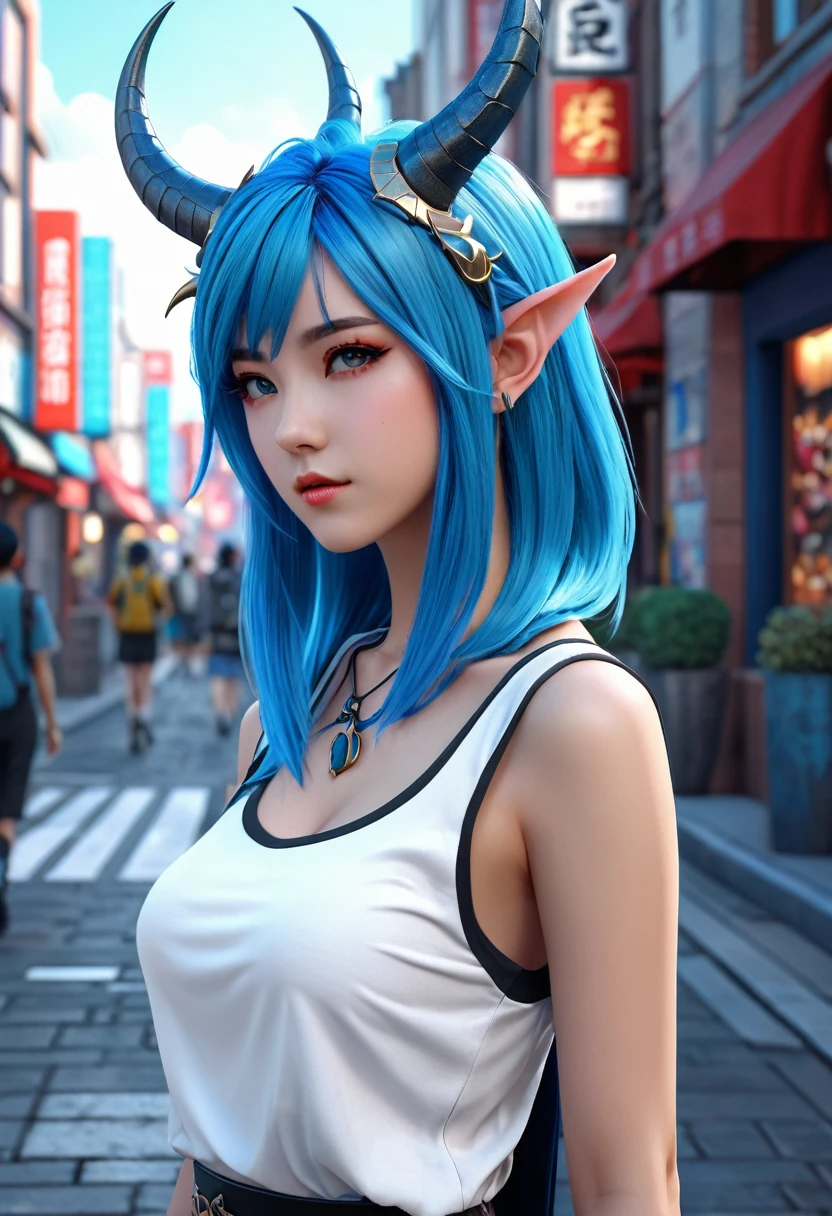 Anime girl with blue hair and horns on the street, 3D Realistic Animation, 2. 5D CGI animation fantasy work, animation style 3d, animation style. 8k, 4k animation style, Realistic animation in 3D style, Debian Art Art Station cgscosiety, Digital Animation Art, Guweiz style art art, detailed Digital Animation Art, white shirt, Dragon's Wings