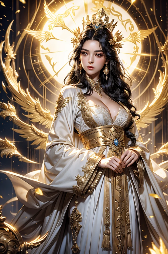 Black Hair, Immortal, Beauty, Royal sister, Stepmother, White and gold robe robe, Golden Phoenix Coronet, Hair Bunch, Beautiful Breasts , Mature Woman，Sunshine