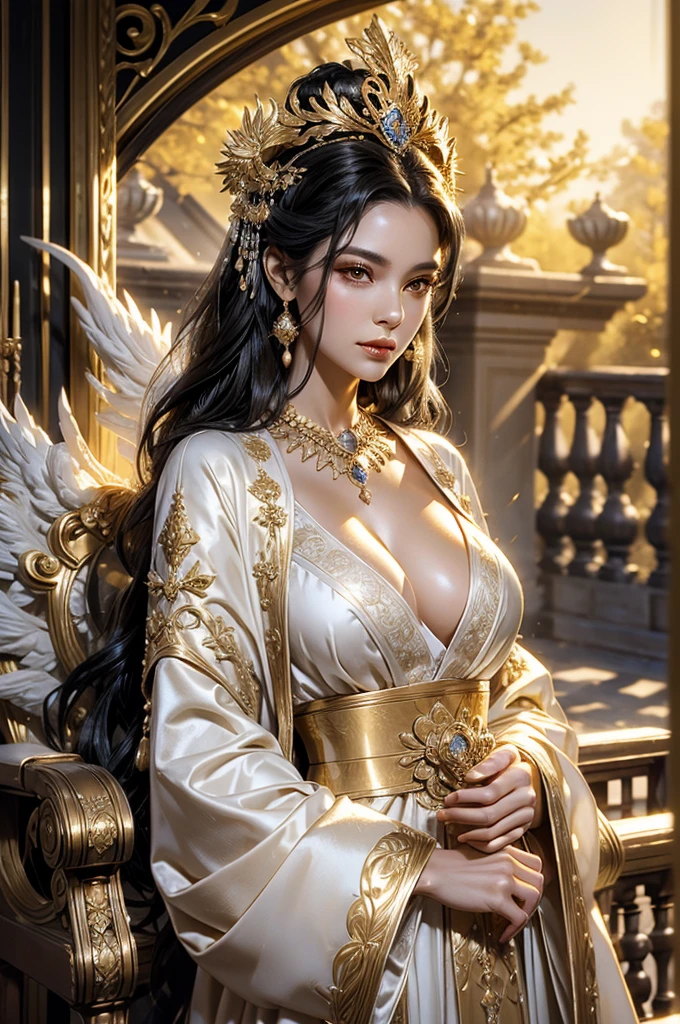 Black Hair, Immortal, Beauty, Royal sister, Stepmother, White and gold robe robe, Golden Phoenix Coronet, Hair Bunch, Beautiful Breasts , Mature Woman，Sunshine