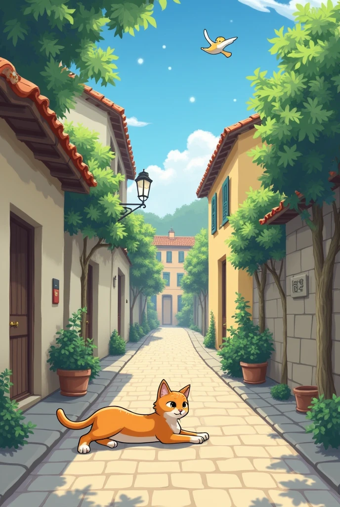 A small story３Please draw it cutely in the style of a D-anime。　

1Picture　Mimi lived in a back alley in a small town.。She every morning、Wake up with the sunrise、I stretched out on the cobblestones to loosen up my body.。after that、She headed to the town square、I played with my fellow cats.。
2Picture　In the square、Listening to the birds singing in the shade、Wagging his tail、sometimes、We played tag.。Mimi especially、I&#39;m good at finding insects hiding in the bushes.、My friends were impressed。
３Picture　For lunch、Mimi went to the house of the old lady next door.、I had some fish soup made by my grandmother.。Grandma is always kind、Because he gives Mimi a snack、Mimi loved her.。　　　　　　　　　　　　　4Picture　At Grandma&#39;s House、Bathed in the warm sunlight、Mimi had a great time。
5Picture　In the afternoon、Mimi took a nap in the town park.。When I saw Mimi sleeping comfortably in the shade of a tree,、People passing by々was smiling。6Picture　Mimi in her dreams、It was like I was on an adventure flying through the sky with the birds.。
7Picture　In the evening、Mimi played with her friends&#39; cats again.。8Picture夕日が空に沈む頃、They climbed the high wall together、I enjoyed the night view。Looking up at the starry sky、Mimi reflected on a day of friendship and adventure.。
9Pictureそして、The night came quietly。Mimi was relaxing in her little bed.、I was gazing at the starry sky。She has a happy day、I was looking forward to the next day。
thus、Mimi&#39;s day is over。