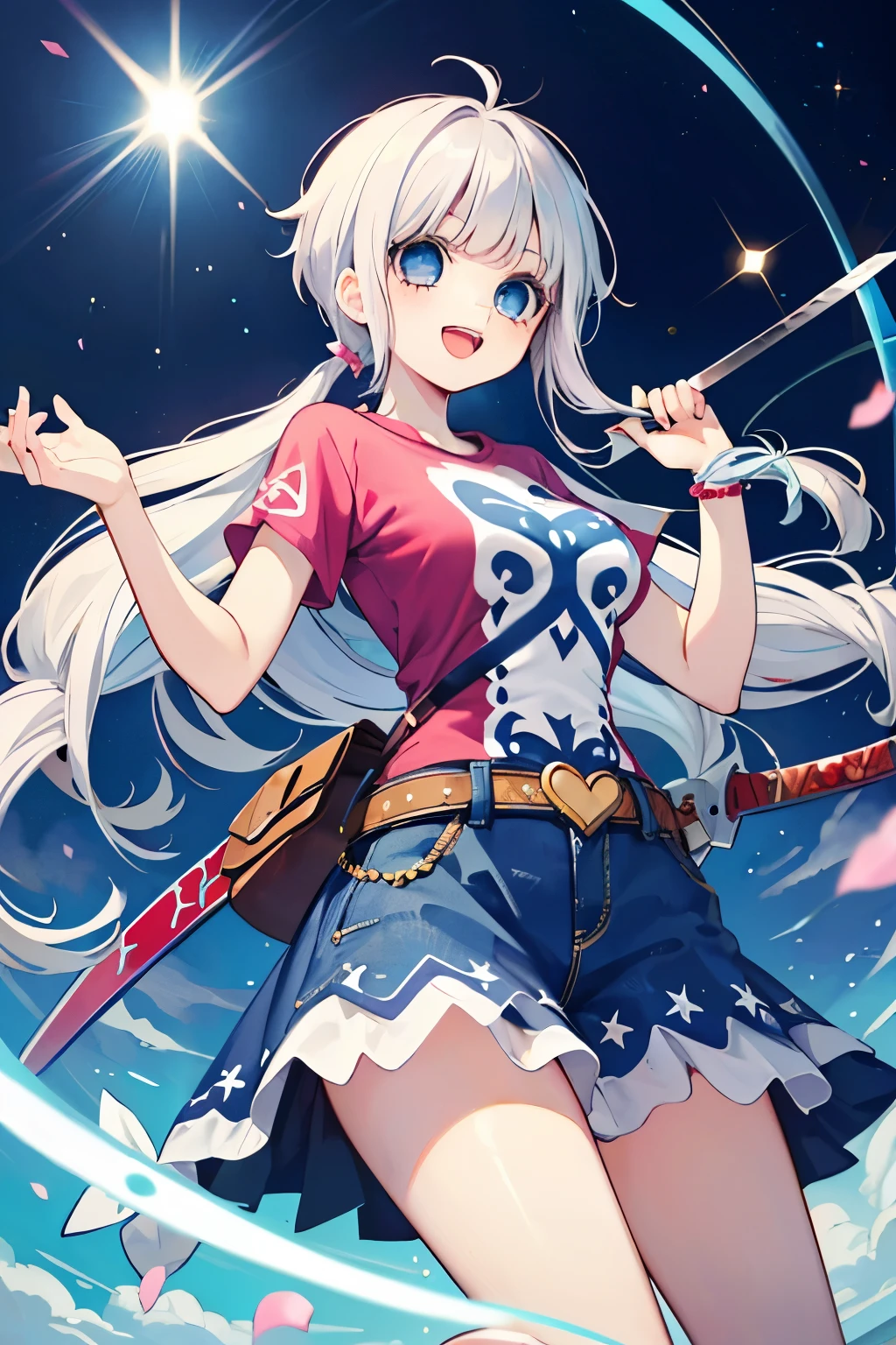 (fantasy World:1.25),((cute,kawaii)),(A big smile with an open mouth),(White hair),(LightBlue eyes:1.25),(short sleeve swordsman costume:1.2),role-playing