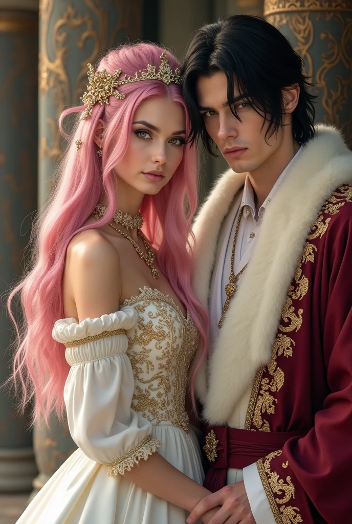 Medieval romantic setting. Beautiful woman with pink long hair and hazel eyes clad in a white wedding dress with golden dragon pattern embroidery. The man is handsome and tall with a sasuke uchiha hairstyle and dark eyes clad in regal white and golden dragon pattern embroidery. A priest officiates the wedding and is clad in burgundy. The couple is caucasian.