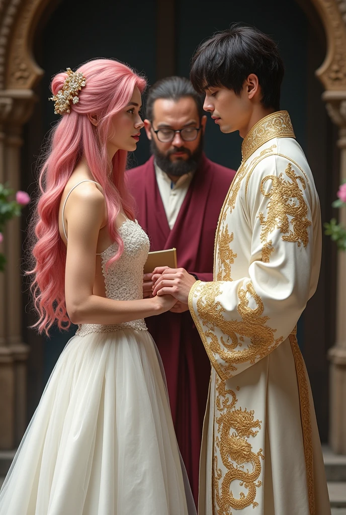 Medieval romantic setting. Beautiful woman with pink long hair and hazel eyes clad in a white wedding dress with golden dragon pattern embroidery. The man is handsome and tall with a sasuke uchiha hairstyle and dark eyes clad in regal white and golden dragon pattern embroidery. A priest officiates the wedding and is clad in burgundy. The couple is caucasian.