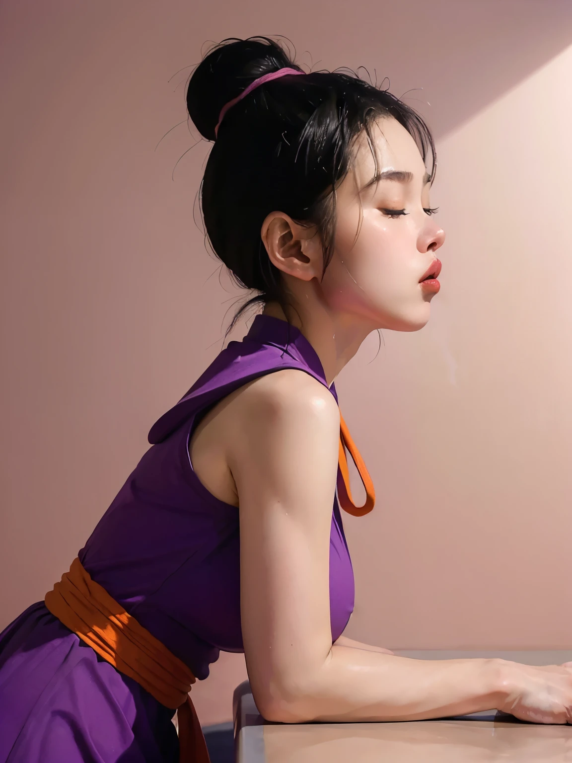 (masterpiece:1.2, best quality:1.2), (1girl), professional lightings, cinematic lightings, 8k wallpaper, ultra realistic portrait of chichi, dragonball, chichi_dbz, (ultra realistic mature older face, ultra detailed mature older face, realistic wrinkles on face and eyes, detailed wrinkles on face and eyes), ((purple china dress, orange scarf)), bangle, bracelet, bare foots, detailed face, detailed eyes, highres, detailed skin texture, ultra slim waist, perfect slim body style, black hair, (dango hair:1.25, parted long bangs:1.1), big eyes, double eyelids, ((((ultra huge breasts, ultra huge tits, ultra huge boob, ultra huge cleavages)))), ((ultra realistic exterior of Kame house kitchen room, ultra detailed exterior of Kame house kitchen room, pink painted wall:1.1 refrigerator, visible aqua marine ocean via window, counter table, bar chair, cooking utensils, dishes in sink, kitchen countertop, cabinet)), ((Ultra-realistic Pout kiss face Pout kiss face)), zoom up face, close up face, focus on face, ((directly side view, directly side angle)), (((closing eyes))), nsfw,