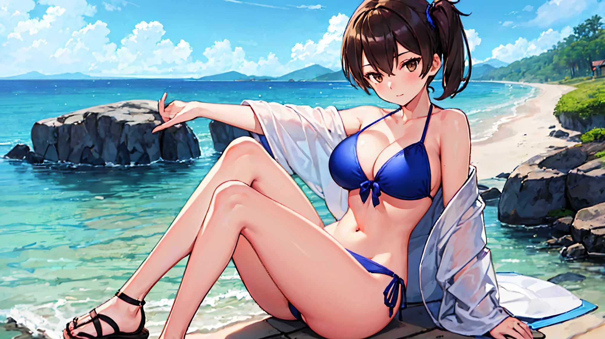 Beautiful illustration、top-quality、Kaga_kantaicollection
brown_hair, Side_Ponytail, brown_Eyes, Short_hair, (big_breasts:1.5) long_hair、Blue Bikini、 coast_landscape,(abs:0.5),navel,solo,(light_smile:0.6),(solo:1.5)。sandals,