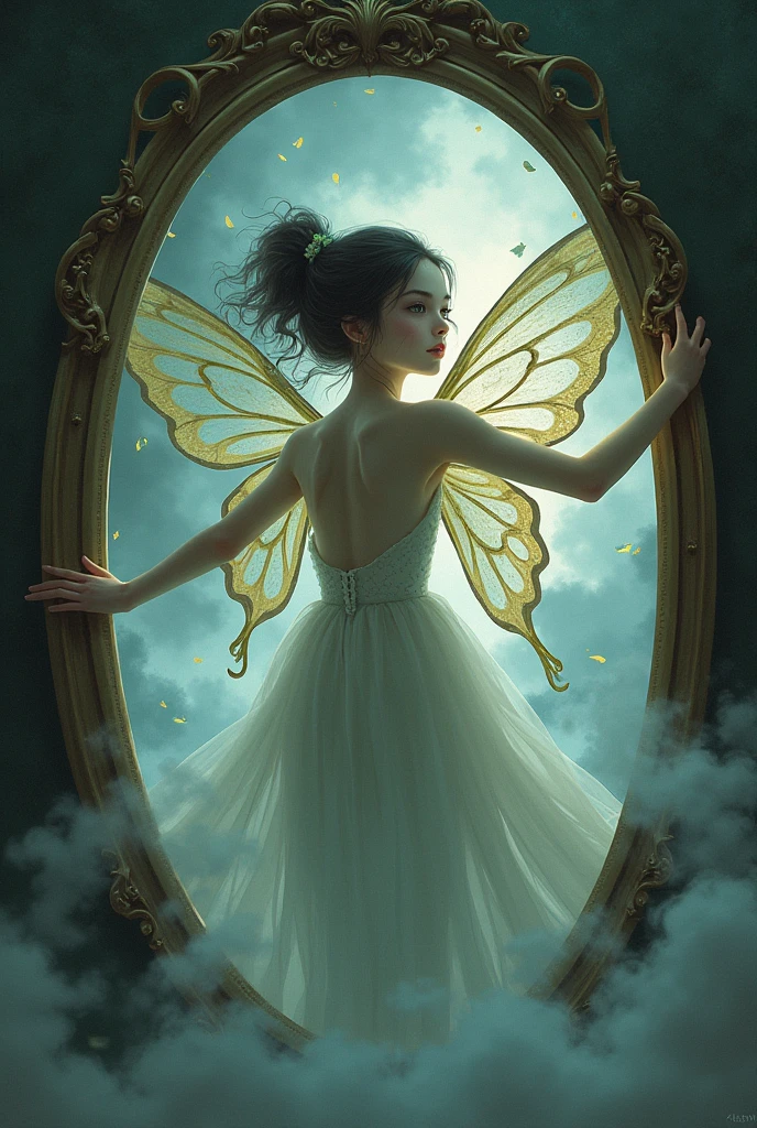 Show me an illustration of a butterfly girl trying to get out of a mirror