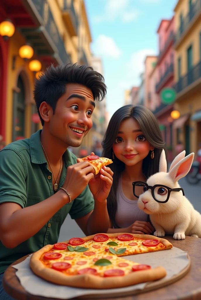 A young Latino man with a dog on the side eating pizza in Mexico City very realistic and with a beautiful girl who has a rabbit with glasses