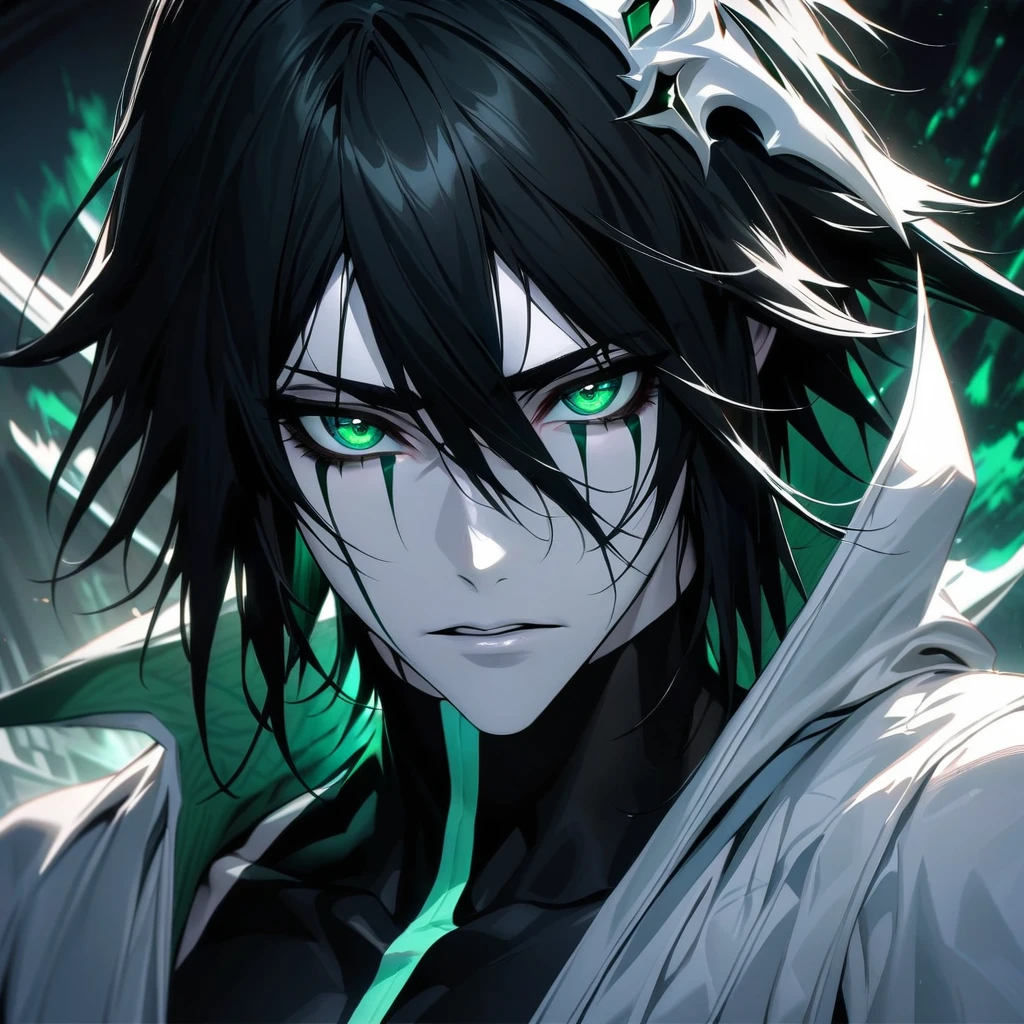 absurdres, highres, ultra detailed, HDR, masterpiece, extremely detailed face and eyes, perfect face, Ulquiorra Cifer, black hair, hair between the eyes, expressive green eyes, pale skin, Bleach, solo, sexy man, handsome, white coat, tight black shirt, patterns