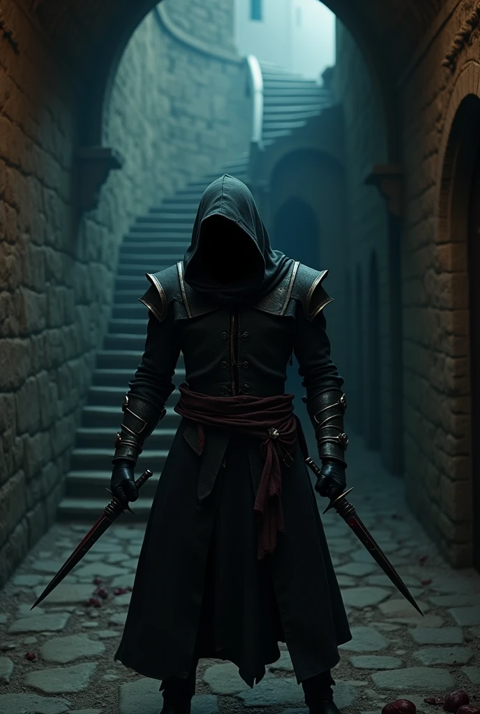 (masterpiece:1.2), (best quality:1.2), 8k, HDR, ultra detailed, ((photorealistic)), professional light, cinematic lighting, fashion photography, ambient lighting, background, a dark medieval dungeon, Darkness, epiCPhoto, fire, stairs, A thief in cloth armor, holding long blooding dagger in each hands.fair background,