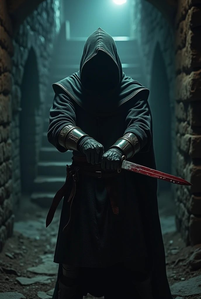 (masterpiece:1.2), (best quality:1.2), 8k, HDR, ultra detailed, ((photorealistic)), professional light, cinematic lighting, fashion photography, ambient lighting, background, a dark medieval dungeon, Darkness, epiCPhoto, fire, stairs, A thief in cloth armor, holding long blooding dagger in each hands.fair background, 
