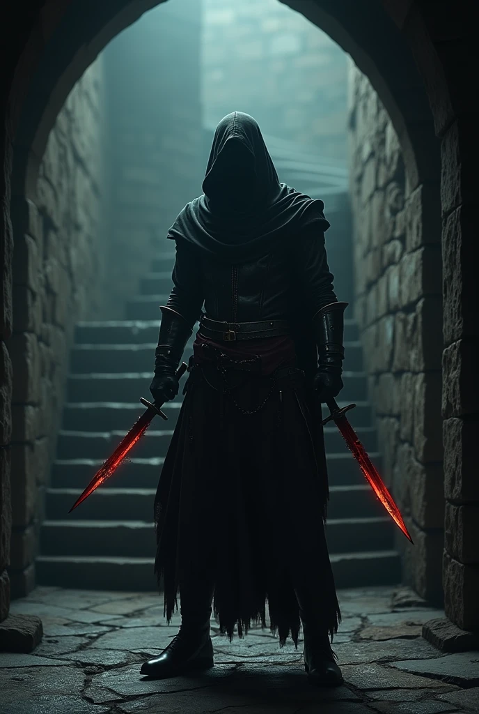(masterpiece:1.2), (best quality:1.2), 8k, HDR, ultra detailed, ((photorealistic)), professional light, cinematic lighting, fashion photography, ambient lighting, background, a dark medieval dungeon, Darkness, epiCPhoto, fire, stairs, A thief in cloth armor, holding long blooding dagger in each hands.fair background,
